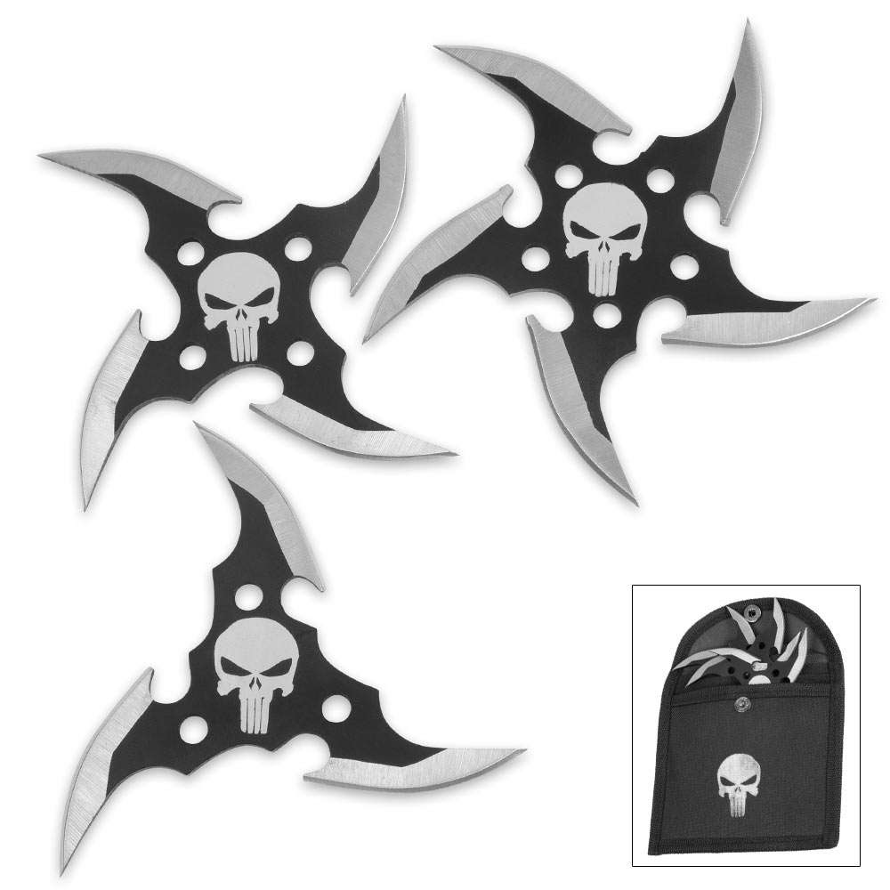 Punisher 3-Piece Throwing Star Set with Nylon Pouch - ELITE OP KNIVES
