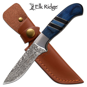 Elk Ridge Blue Pakkawood Damascus Fixed Blade Knife - ELITE OP KNIVES